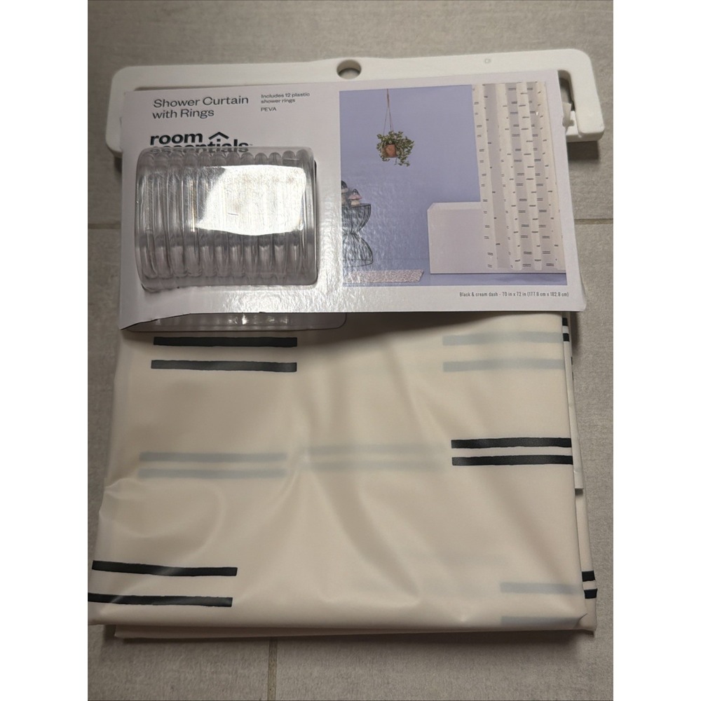 Room Essentials Shower Curtain Black and Cream Dash with Rings 70x72 NEW